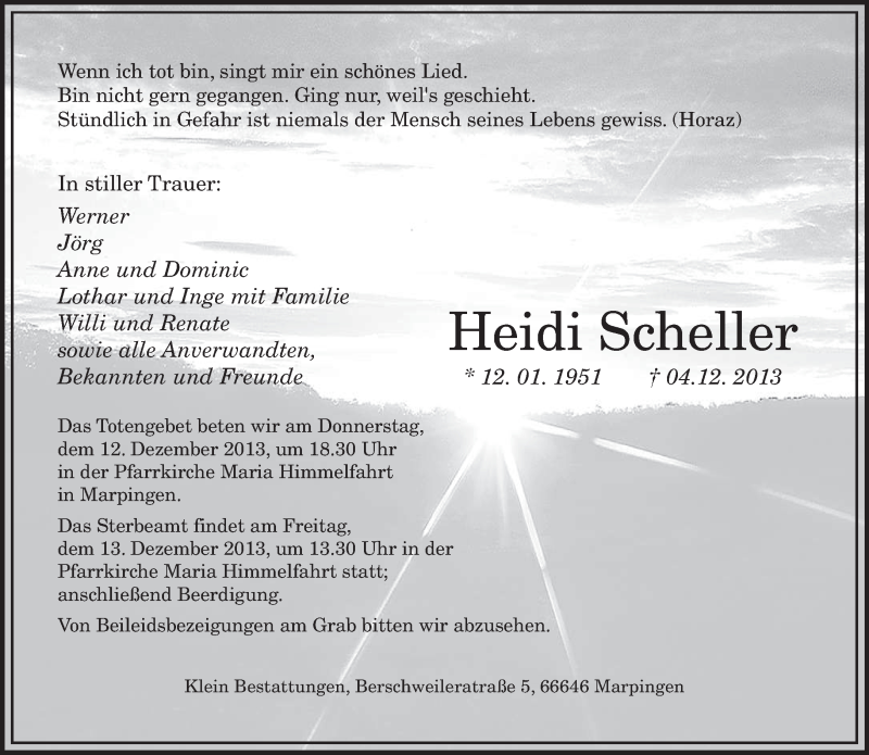  Traueranzeige für Heidi Scheller vom 11.12.2013 aus saarbruecker_zeitung