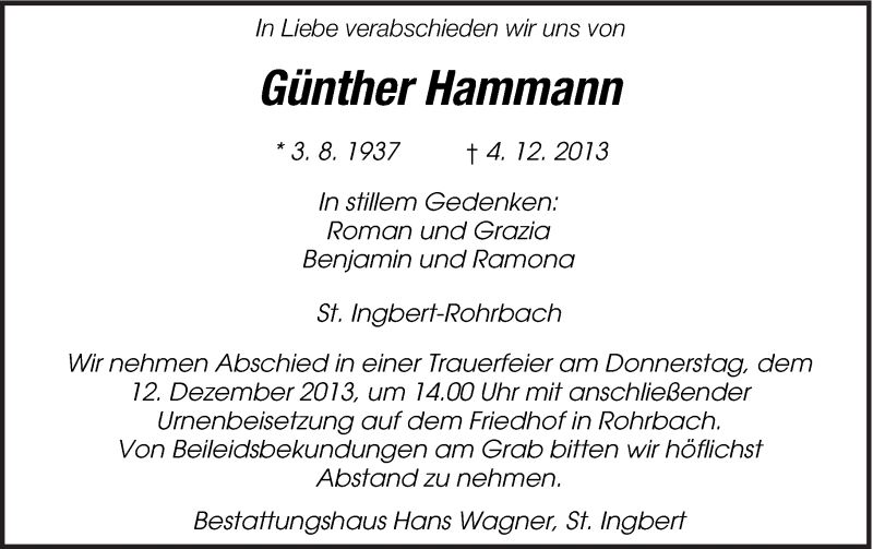  Traueranzeige für Günther Hammann vom 11.12.2013 aus saarbruecker_zeitung