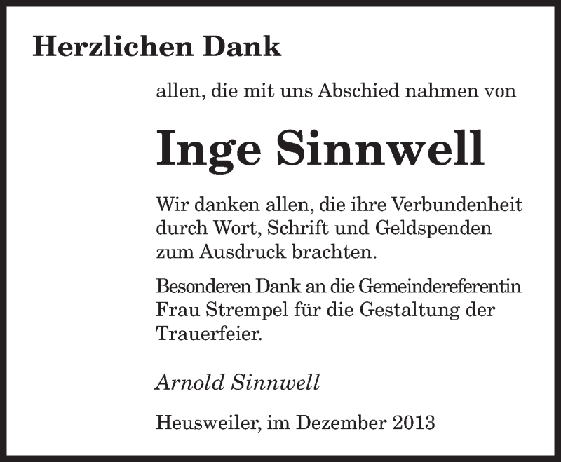  Traueranzeige für Inge Sinnwell vom 14.12.2013 aus saarbruecker_zeitung