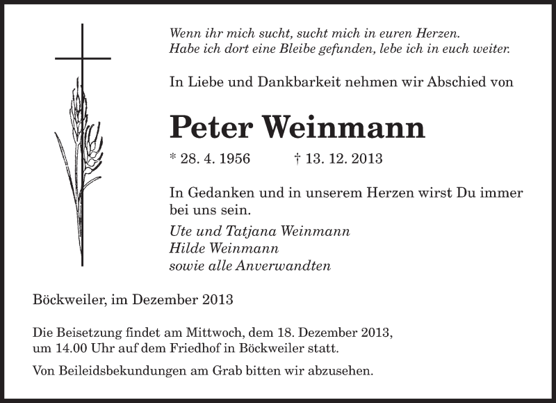  Traueranzeige für Peter Weinmann vom 16.12.2013 aus saarbruecker_zeitung