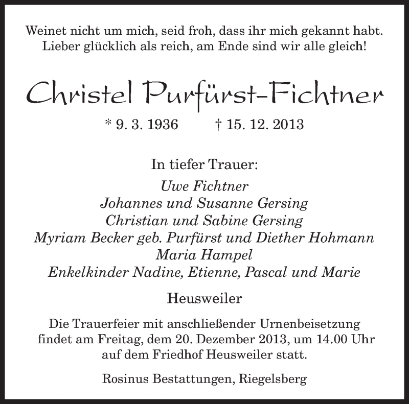  Traueranzeige für Christel Pürfürst-Fichtner vom 17.12.2013 aus saarbruecker_zeitung