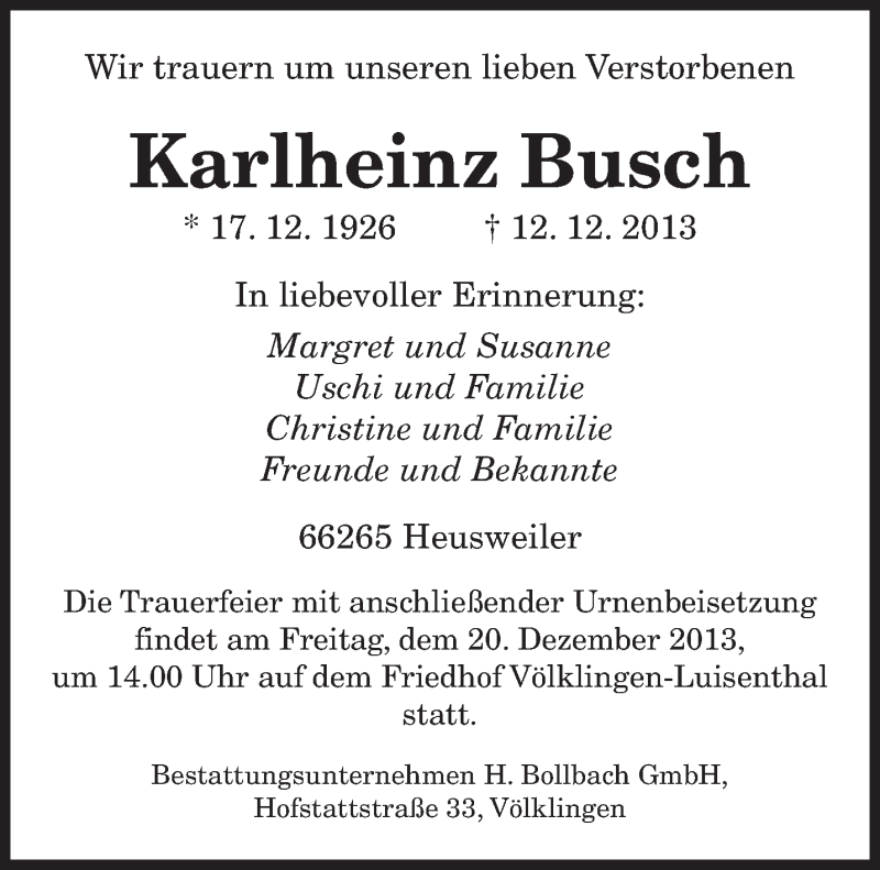  Traueranzeige für Karlheinz Busch vom 18.12.2013 aus saarbruecker_zeitung