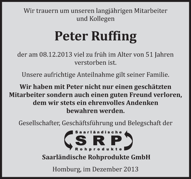  Traueranzeige für Peter Arno Ruffing vom 18.12.2013 aus saarbruecker_zeitung