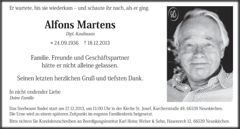  Traueranzeige für Alfons Martens vom 21.12.2013 aus saarbruecker_zeitung