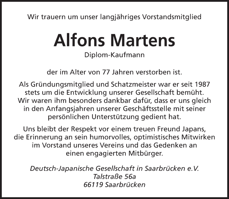  Traueranzeige für Alfons Martens vom 21.12.2013 aus saarbruecker_zeitung