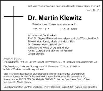 Traueranzeige von Martin Klewitz von saarbruecker_zeitung