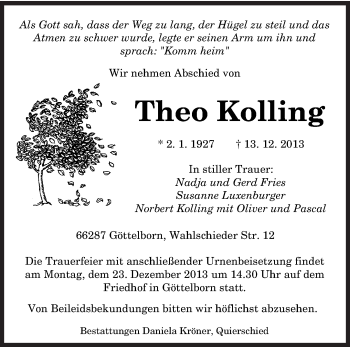 Traueranzeige von Theo Kolling von saarbruecker_zeitung