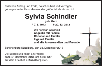 Traueranzeige von Sylvia Schindler von saarbruecker_zeitung