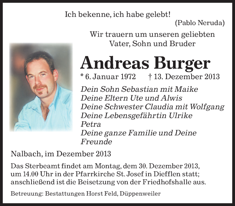  Traueranzeige für Andreas Burger vom 28.12.2013 aus saarbruecker_zeitung