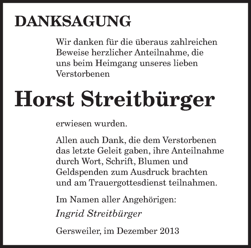  Traueranzeige für Horst Streitbürger vom 28.12.2013 aus saarbruecker_zeitung