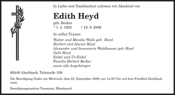 Traueranzeige von Edith Heyd von SAARBRÜCKER ZEITUNG