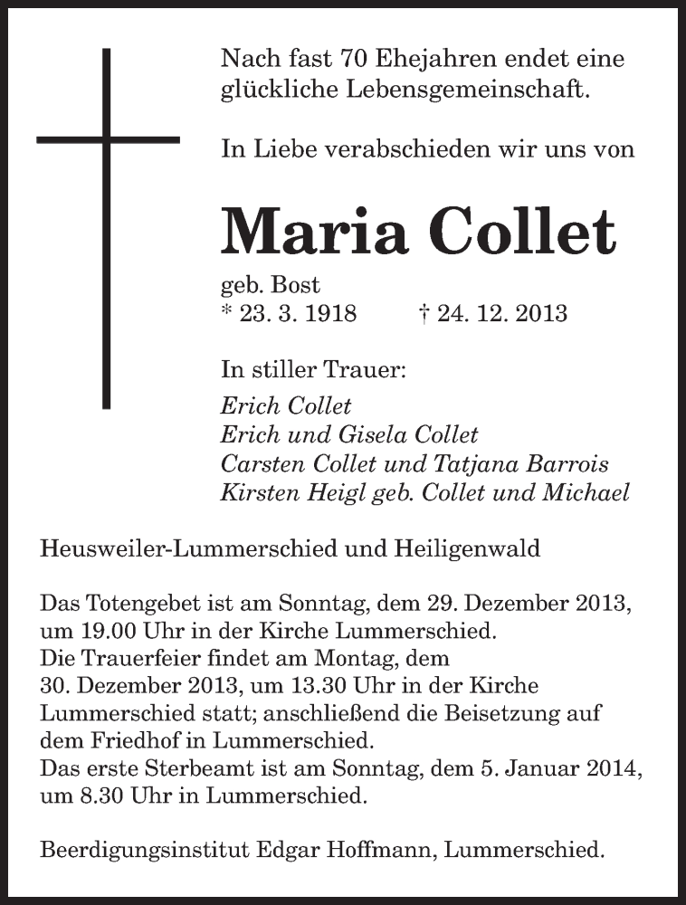  Traueranzeige für Maria Collet vom 28.12.2013 aus saarbruecker_zeitung