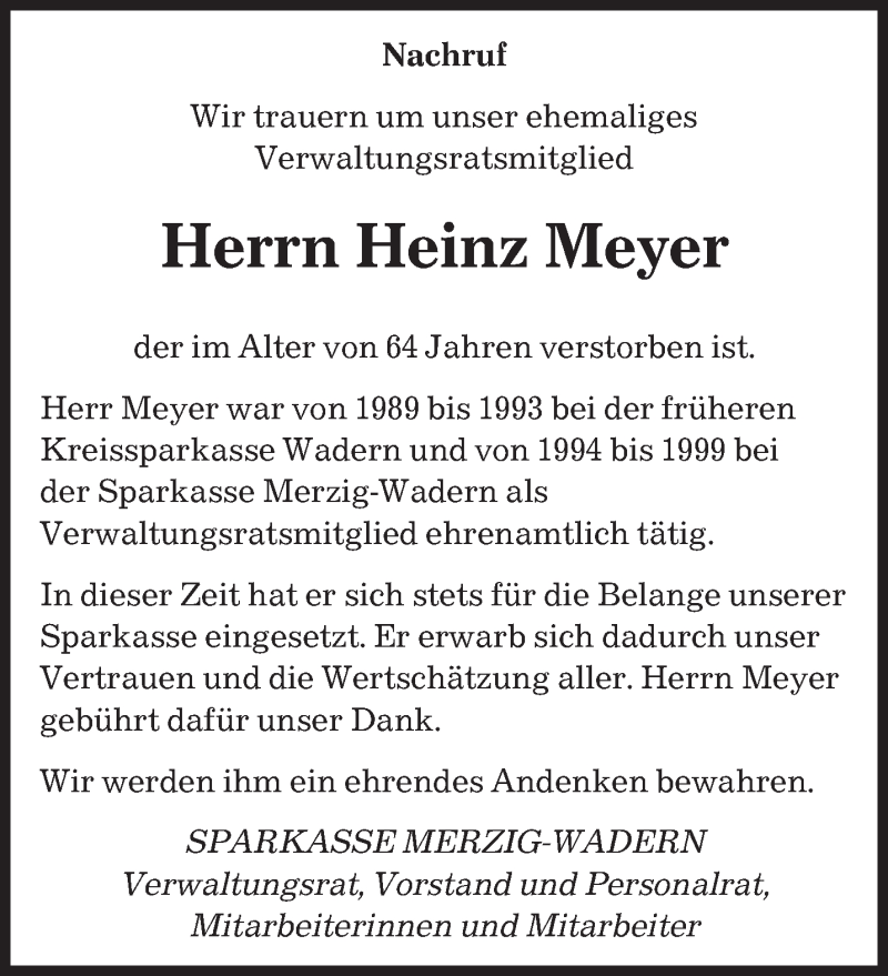  Traueranzeige für Heinz Meyer vom 28.12.2013 aus saarbruecker_zeitung