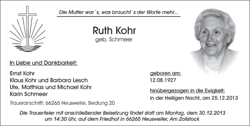  Traueranzeige für Ruth Kohr vom 28.12.2013 aus saarbruecker_zeitung