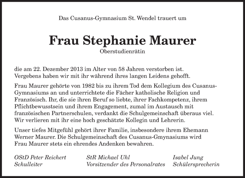  Traueranzeige für Stephanie Maurer vom 30.12.2013 aus saarbruecker_zeitung