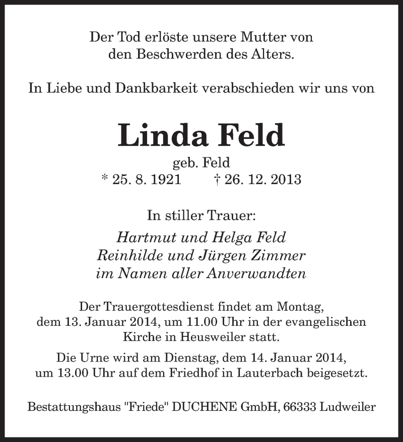  Traueranzeige für Linda Feld vom 04.01.2014 aus saarbruecker_zeitung