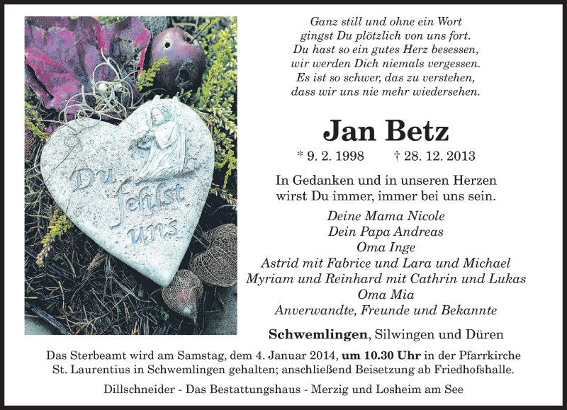  Traueranzeige für Jan Betz vom 02.01.2014 aus saarbruecker_zeitung