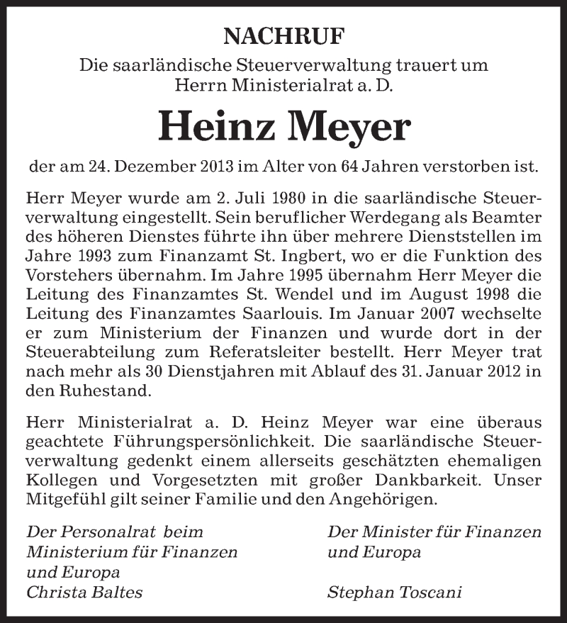  Traueranzeige für Heinz Meyer vom 03.01.2014 aus saarbruecker_zeitung
