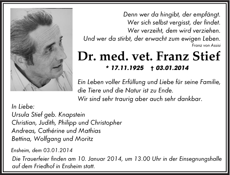  Traueranzeige für Franz Stief vom 07.01.2014 aus saarbruecker_zeitung