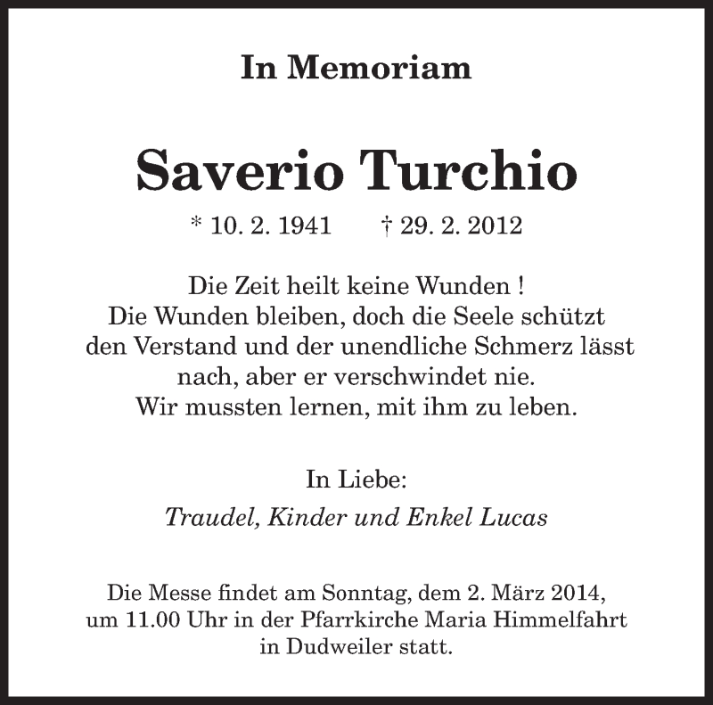  Traueranzeige für Saverio Turchio vom 27.02.2014 aus saarbruecker_zeitung