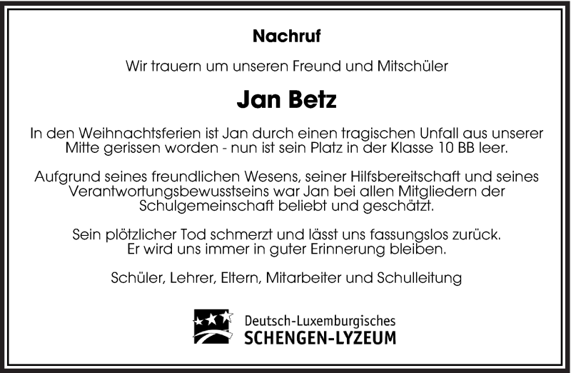 Traueranzeige für Jan Betz vom 07.01.2014 aus saarbruecker_zeitung