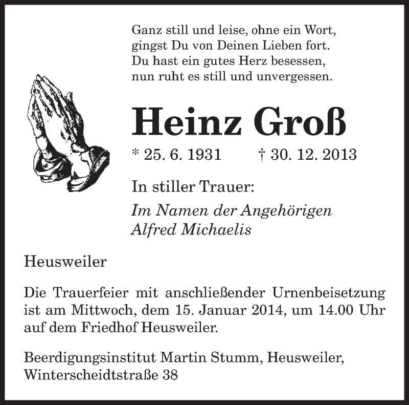  Traueranzeige für Heinz Groß vom 11.01.2014 aus saarbruecker_zeitung