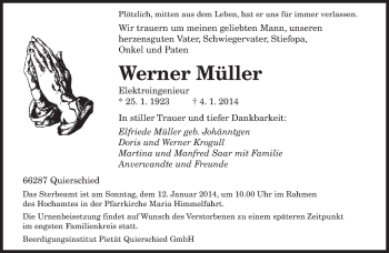 Traueranzeige von Werner Müller von saarbruecker_zeitung