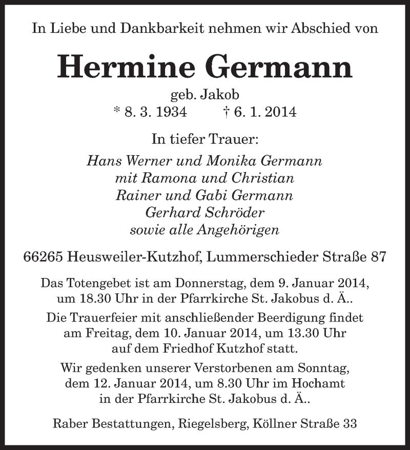  Traueranzeige für Hermine Germann vom 08.01.2014 aus saarbruecker_zeitung
