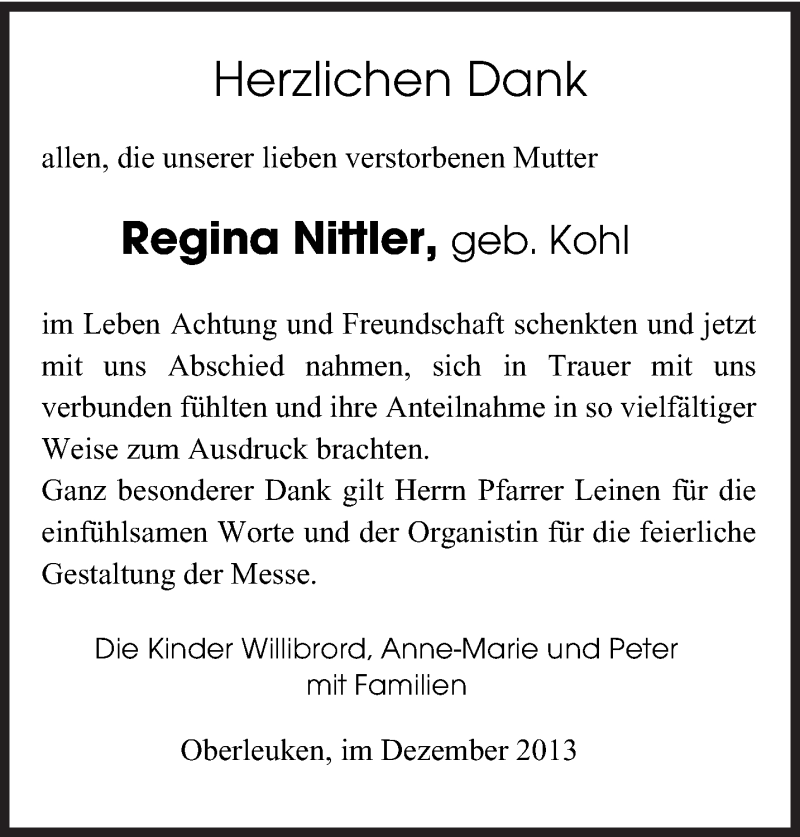  Traueranzeige für Regina Nittler vom 10.01.2014 aus saarbruecker_zeitung
