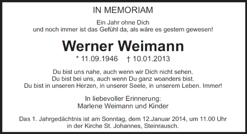  Traueranzeige für Werner Weimann vom 11.01.2014 aus Saarbrücker Zeitung