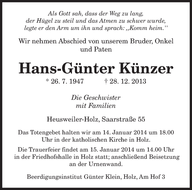  Traueranzeige für Hans-Günter Künzer vom 11.01.2014 aus saarbruecker_zeitung