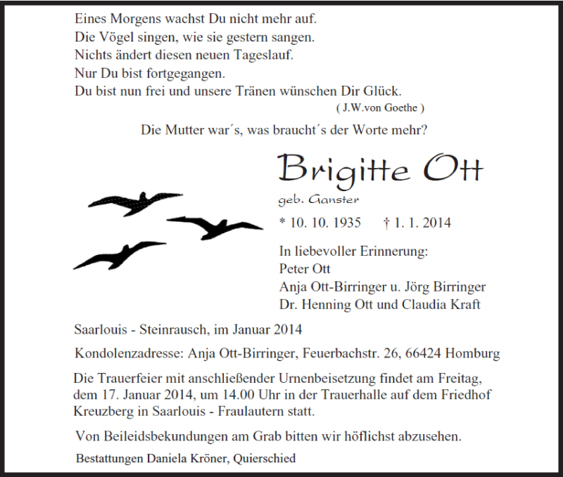  Traueranzeige für Brigitte Ott vom 11.01.2014 aus Saarbrücker Zeitung