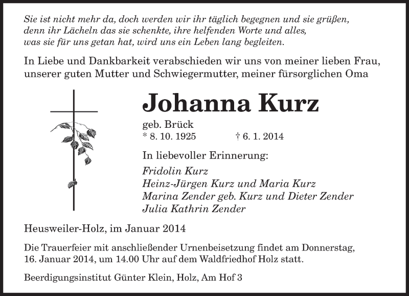  Traueranzeige für Johanna Kurz vom 14.01.2014 aus saarbruecker_zeitung