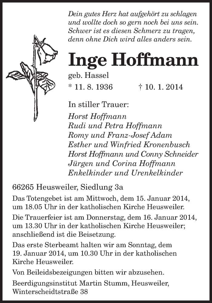  Traueranzeige für Inge Hoffmann vom 13.01.2014 aus saarbruecker_zeitung