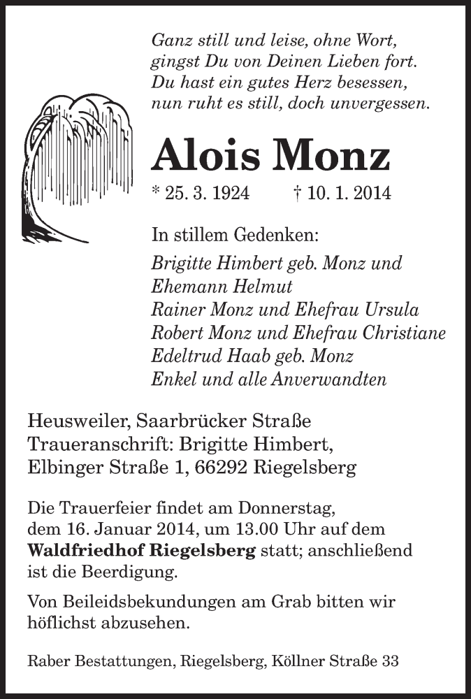  Traueranzeige für Alois Monz vom 14.01.2014 aus saarbruecker_zeitung