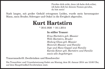 Traueranzeige von Kurt Hartstirn von saarbruecker_zeitung