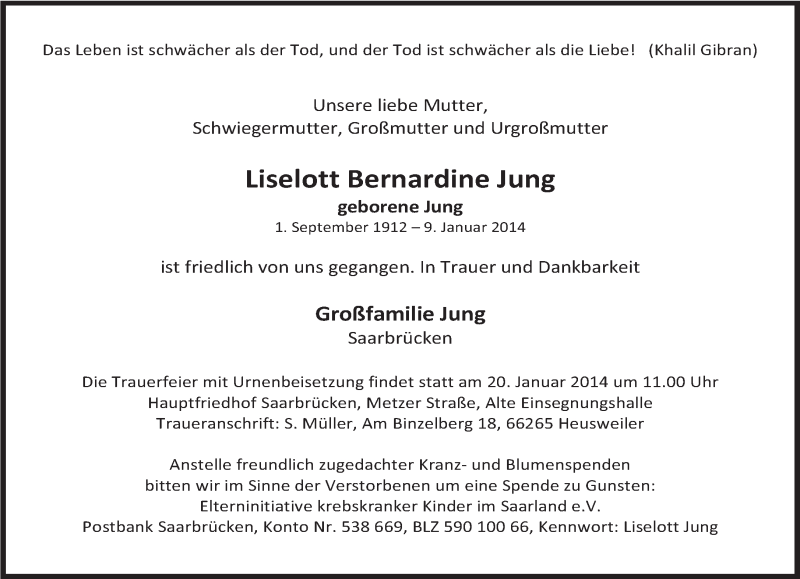  Traueranzeige für Liselott Bernardine Jung vom 15.01.2014 aus saarbruecker_zeitung