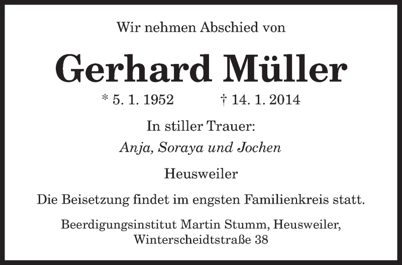  Traueranzeige für Gerhard Müller vom 18.01.2014 aus saarbruecker_zeitung