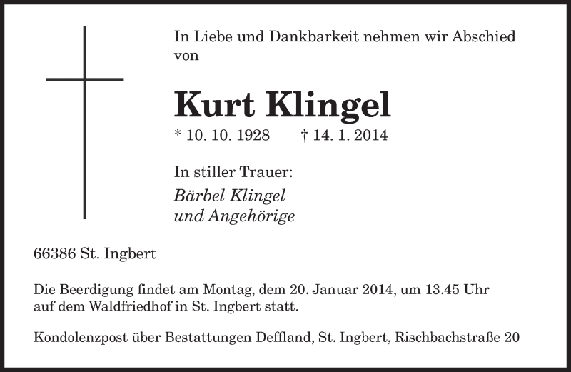 Traueranzeigen von Kurt Klingel | Saarbruecker-Zeitung.Trauer.de