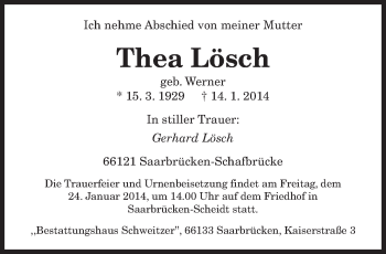 Traueranzeige von Thea Lösch von saarbruecker_zeitung