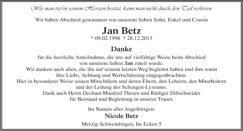 Traueranzeige für Jan Betz vom 17.01.2014 aus saarbruecker_zeitung