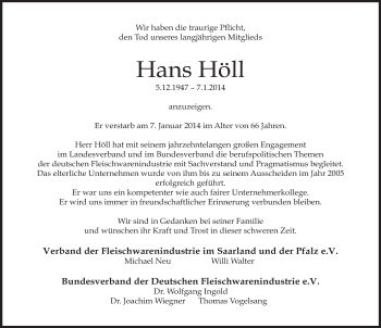 Traueranzeige von Hans Höll von saarbruecker_zeitung