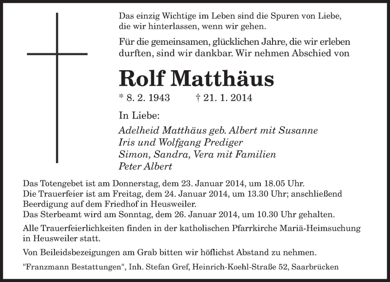  Traueranzeige für Rolf Matthäus vom 23.01.2014 aus saarbruecker_zeitung