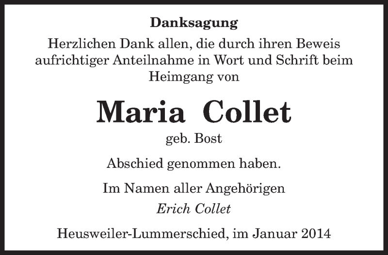  Traueranzeige für Maria Collet vom 28.01.2014 aus saarbruecker_zeitung