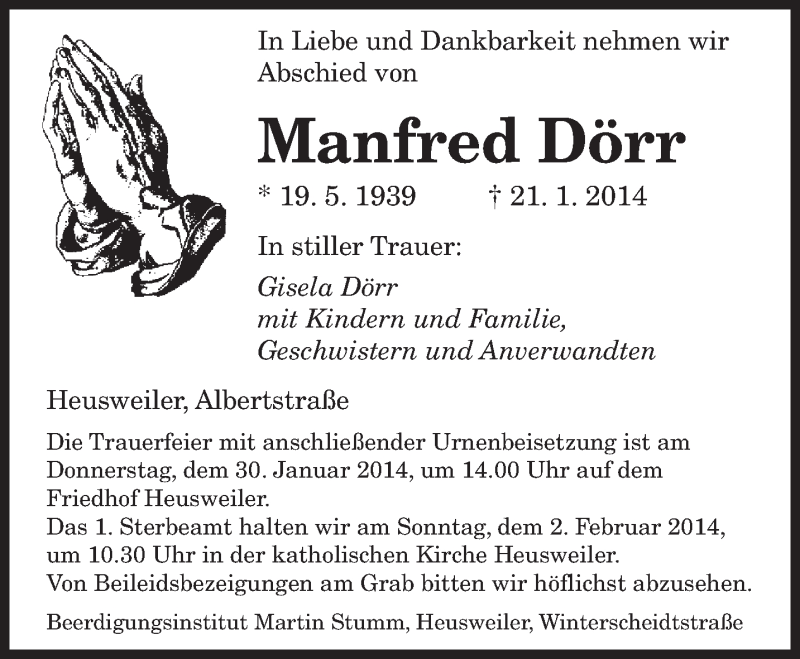  Traueranzeige für Manfred Dörr vom 27.01.2014 aus saarbruecker_zeitung