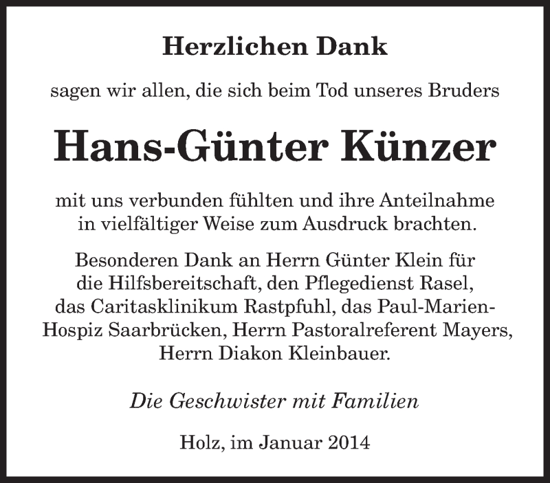  Traueranzeige für Hans-Günter Künzer vom 25.01.2014 aus saarbruecker_zeitung