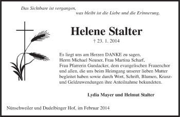 Traueranzeige von Helene Stalter von saarbruecker_zeitung