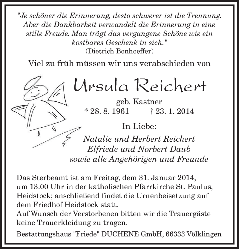  Traueranzeige für Ursula Reichert vom 29.01.2014 aus saarbruecker_zeitung