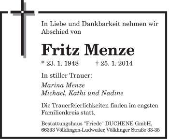 Traueranzeige von Fritz Menze von saarbruecker_zeitung