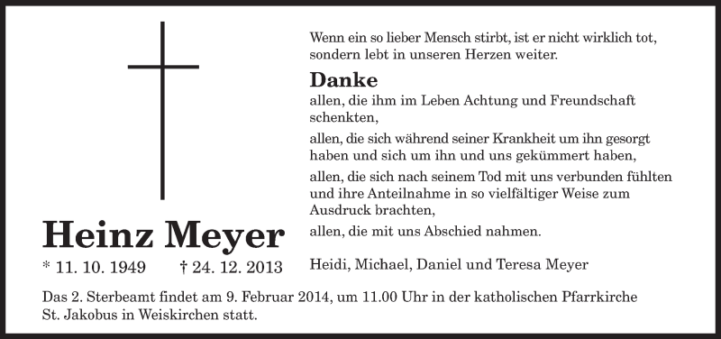  Traueranzeige für Heinz Meyer vom 28.01.2014 aus saarbruecker_zeitung